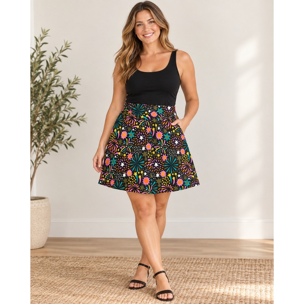 Boden Mini Skirt Black Multi Firework Starburst Print A-Line R0197 US 10 NWT